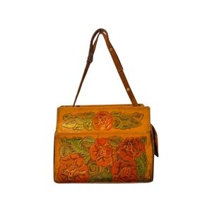Vintage Mexican Hand Tooled Leather Rose Purse Hand Painted Floral Shoulder Bag